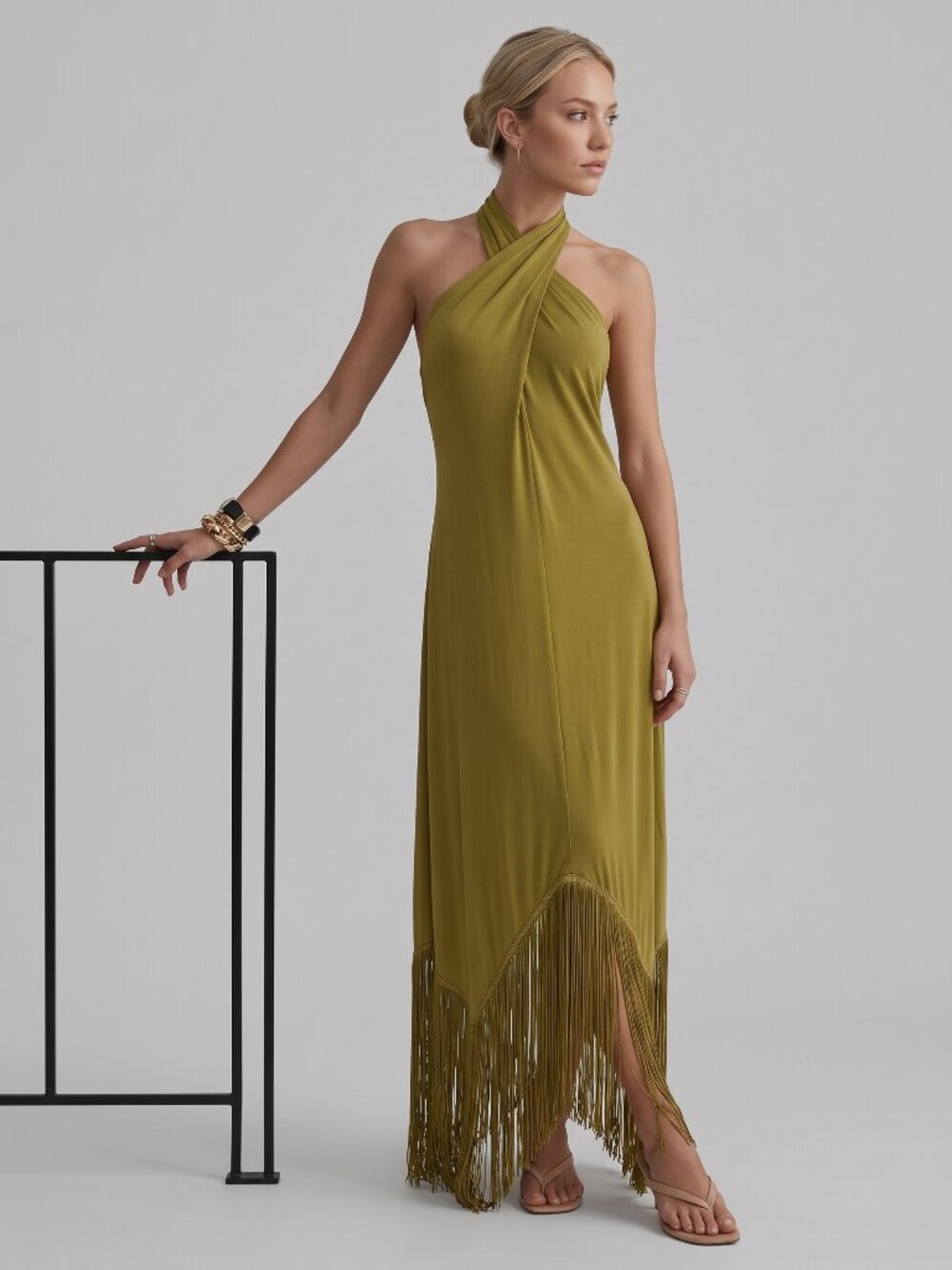 Women's Olive Green Halter Backless Fringe Tassel Maxi Dress Vacation - Picture 1 of 2